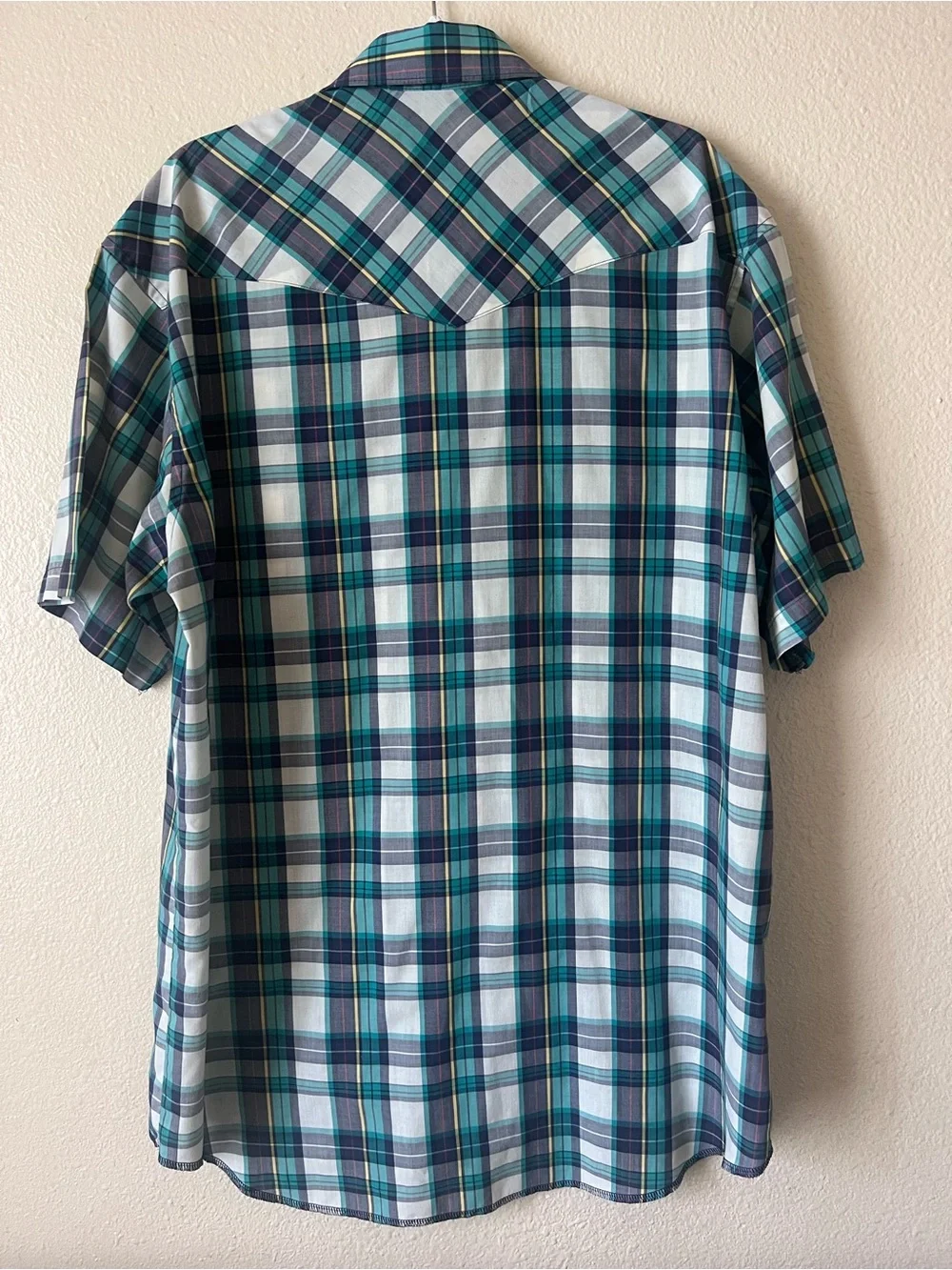 Vintage Wrangler Western Pearl Snap Shirt Mens 17.5 XL Teal Plaid Made in USA